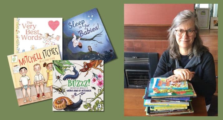 Melinda Szymanik and a big pile of books